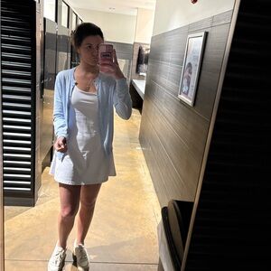 Light Blue Cardigan with White Dress